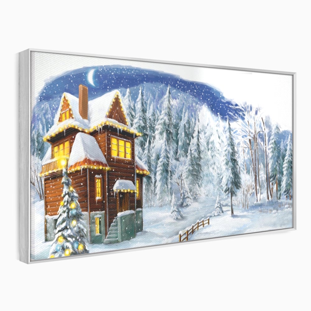 Tablou canvas cu tablou canvas cu peisaj de iarna, in rama de aluminiu argintiu
